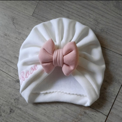 Turban bonnet nœud, buns ou simple personnalisable Prénom brodé tissu sweat fourré et chaud 15 couleurs